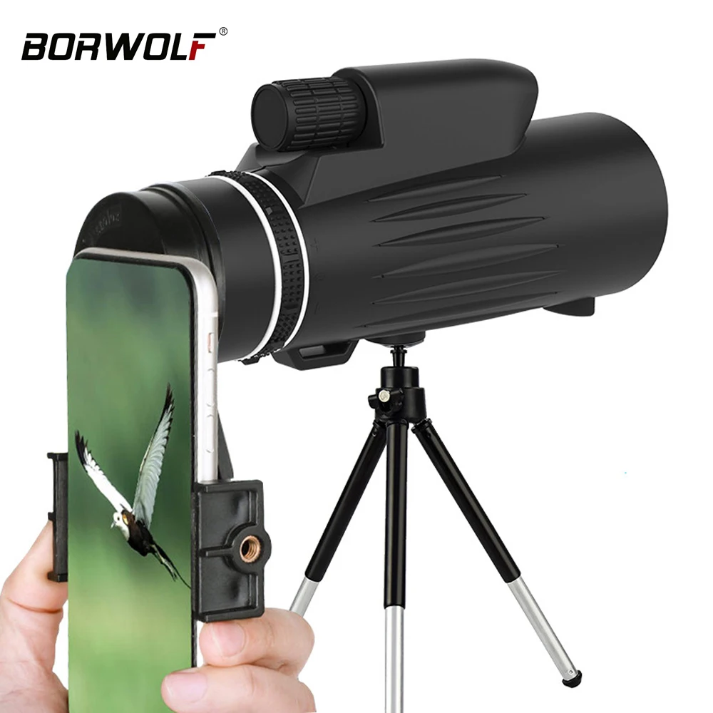 

Borwolf 12X50 монокулярный телескоп HD Bak4 призматический прицел с зажимом для телефона Штатив для охоты