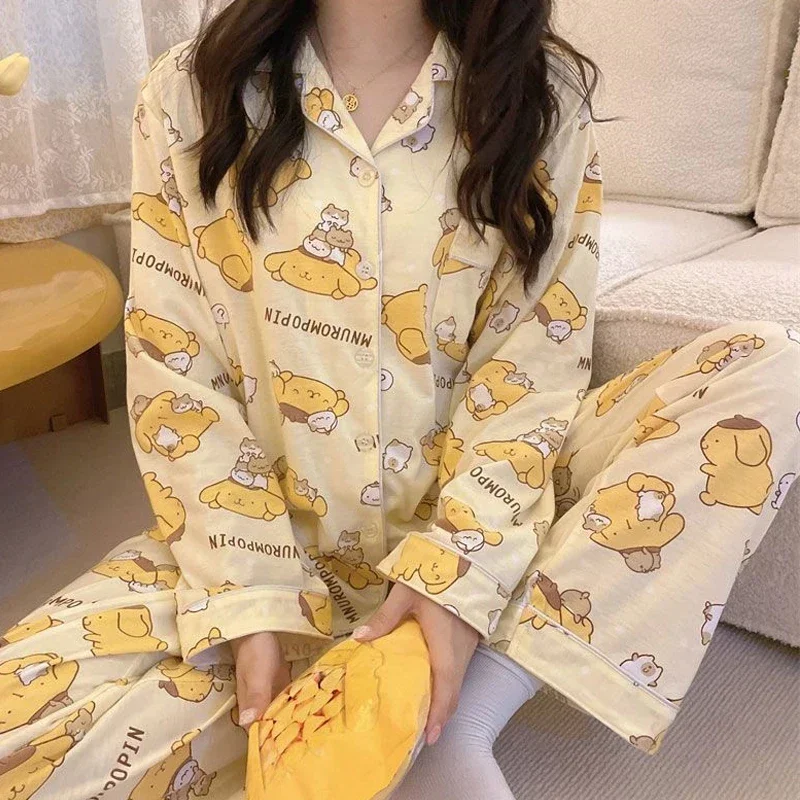 Sanrios Pompom Purin Kuromi Long-Sleeved Pajamas for Girls Autumn and Winter New Cartoon Cute Loose Trendy Home Outing Set