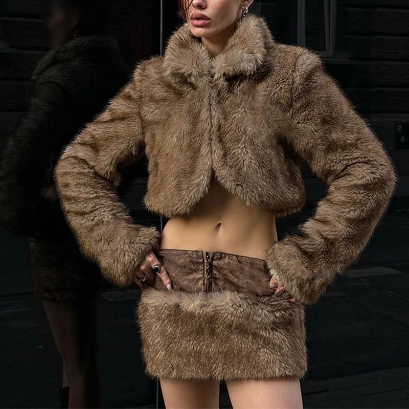 BKLD Winter PU Leather Patchwrok Plush Mini Skirt For Women Sexy Slim Fit Low Rise Package Hip Skirts Hottie Street Club Bottoms
