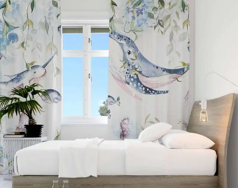 Ocean Whale Curtains Sea Animals Kids Bedroom Black Out Curtain Nursery Decor Baby Room Living Room Curtains