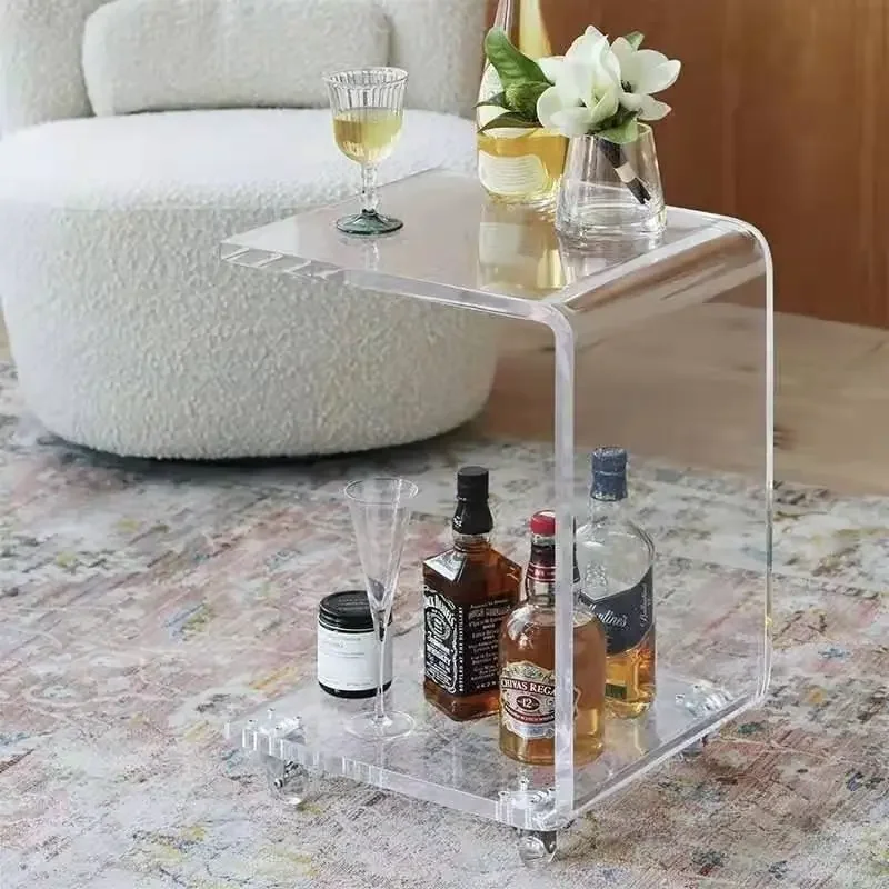 Nordic Furniture Acrylic Coffee Table Living Room Furniture Transparent Sofa Side Table Creative Movable Pulley Bedside Tables