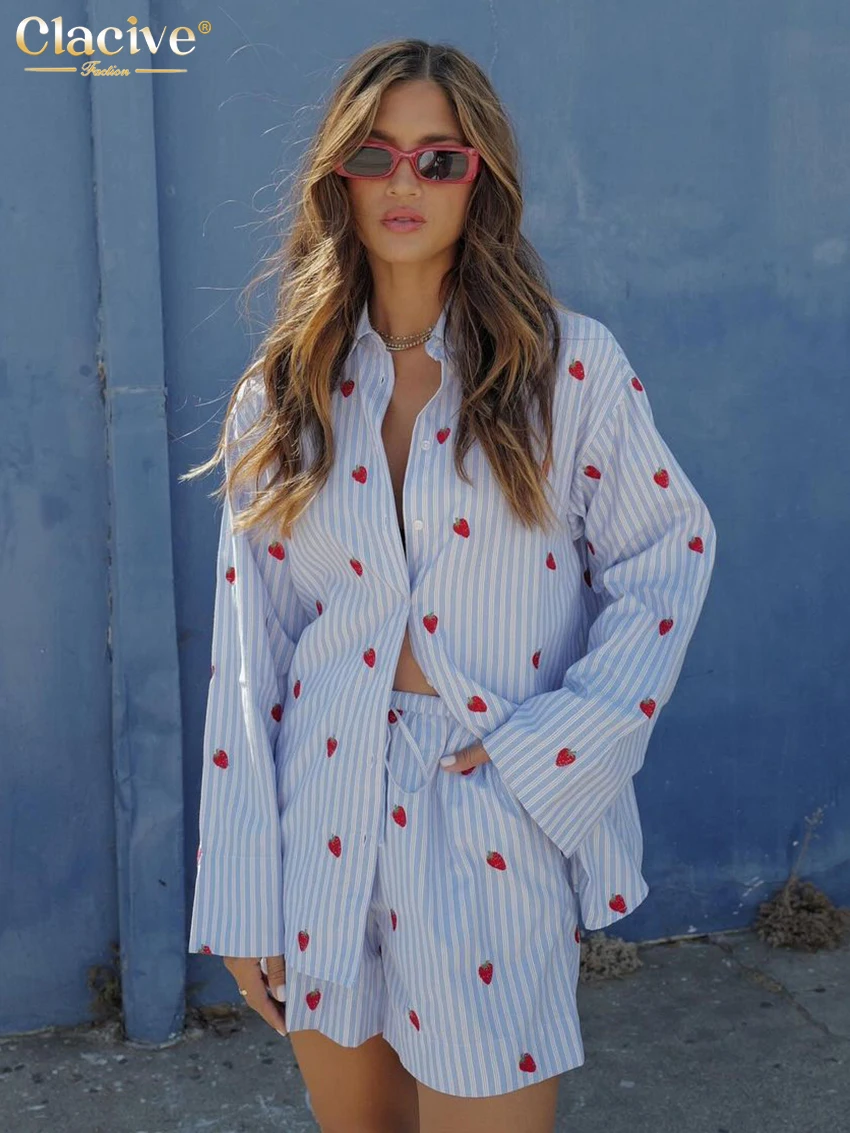 

Clacive модная свободная одежда из двух предметов с принтом, женская элегантная рубашка с длинным рукавом 2025 года, короткий комплект с высокой талией, женская одежда