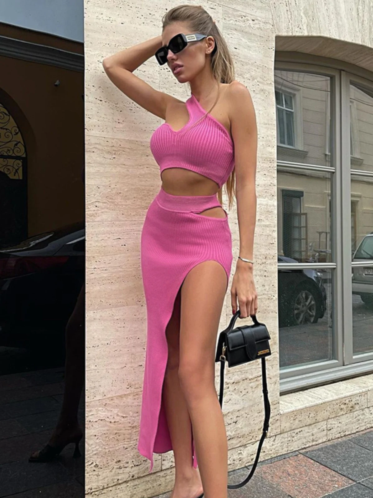 

Sexy Single oulder Belly Button Bared Vest Split Long Skirt Two Piece Set Women Summer Color Ribbed Faion Set