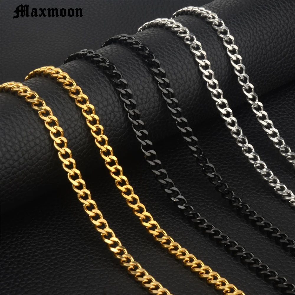 MAXMOON 3-7mm Men's Silver Color Necklace Stainless Steel Cuban Link Chain for Women Men Basic Vintage Chokers Punk Jewelry Gift