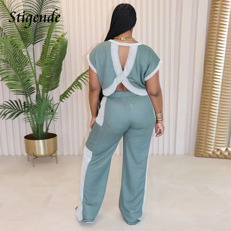 Stigende Patchwork Color Block 2 Piece Set Women Backless Crop Top and Wide Leg Pants Loose Two Piece Set