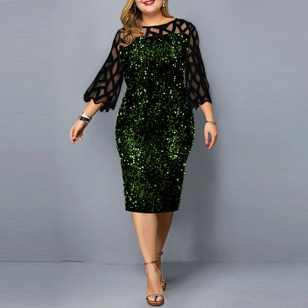 Large Sequin Plus Size Wedding Party Dress for Women Fashion Mesh Sleeve Lace Elegant Bodycon Evening Dresses Summer Vestidos