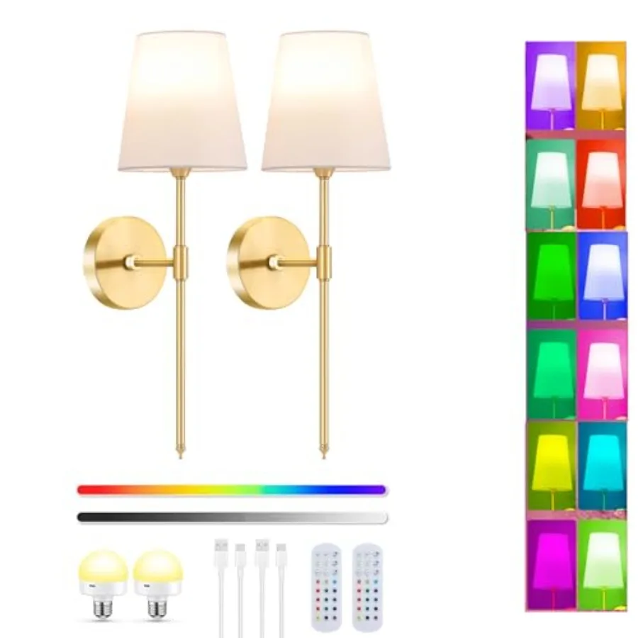 

Battery Operated Wall Sconce Lights Set of Two, Gold Wireless Rechargeable Wall Sconces, 15RGB Color Dimmable Indoor Wall Lamp
