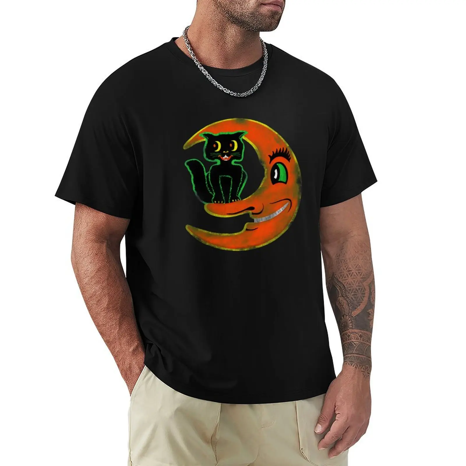 

Vintage Halloween Black Cat and Moon T-Shirt anime figures anime mens t shirts casual stylish