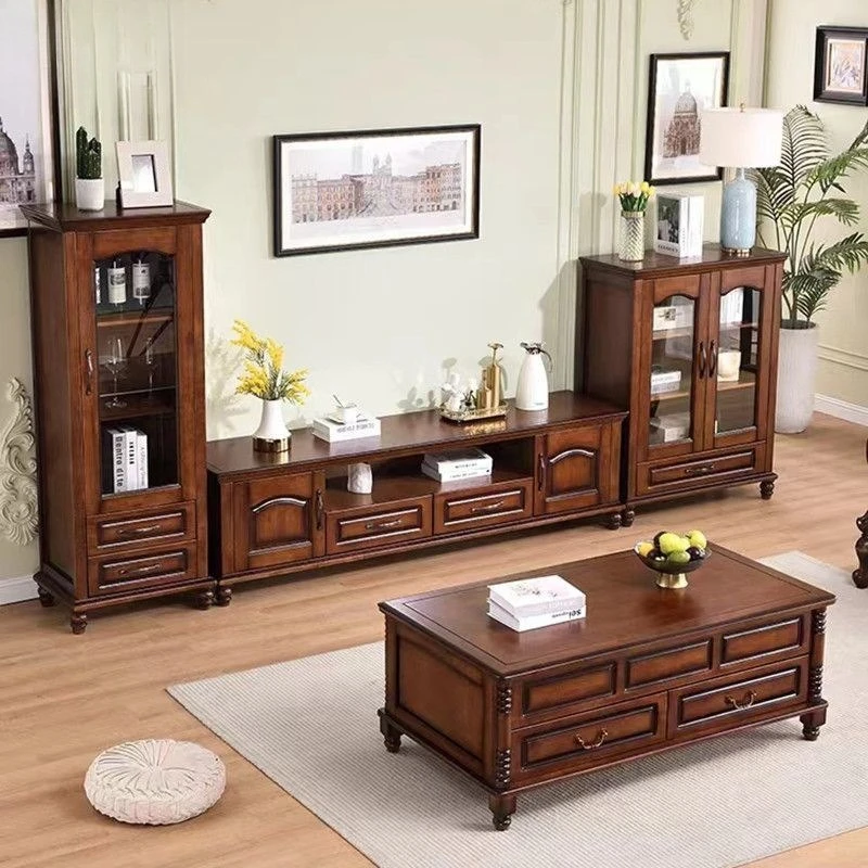 

Living room American solid wood TV cabinet coffee table combination floor cabinet high and low locker large apartment background