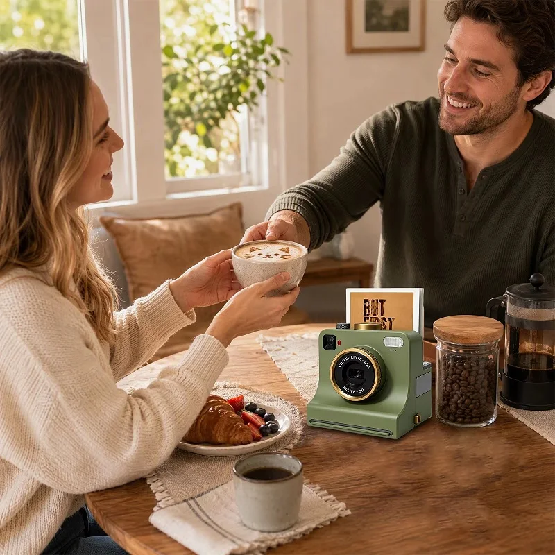 3D Printed Funny Coffee Latte Camera Replaceable Cards One Touch Press DIY Latte Art Camera Tool Vintage Look Included Stencils/