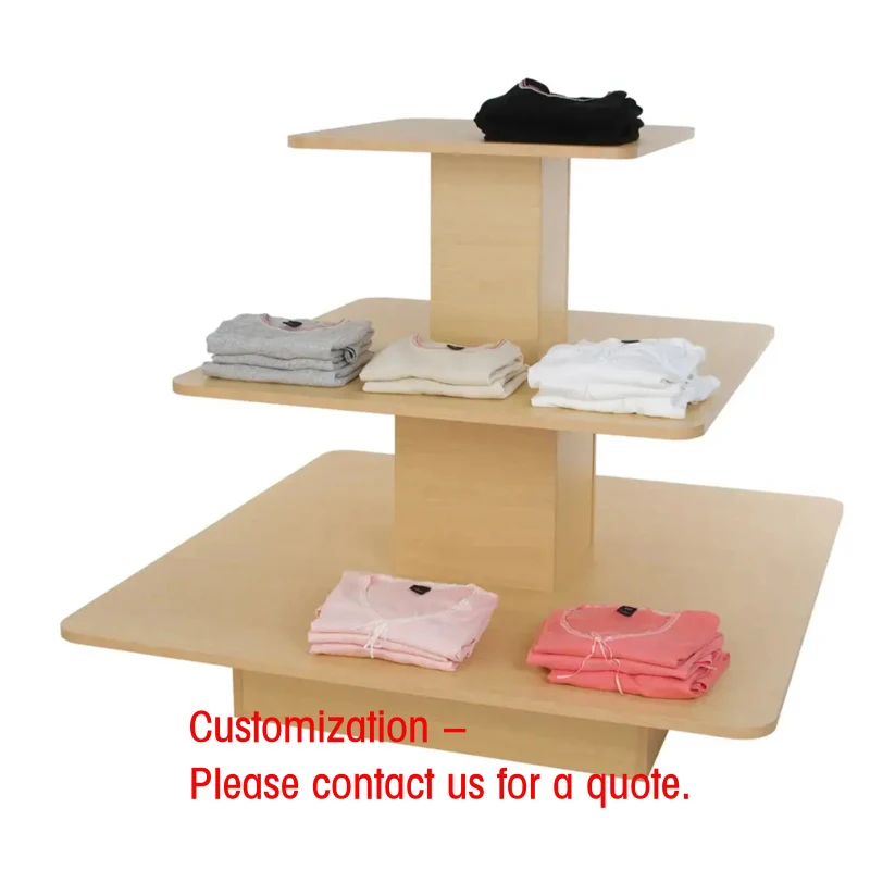 custom.HIKUYA Three Tier Double-Sided Light Duty Square Wood Retail Display Stand Shopping Mall