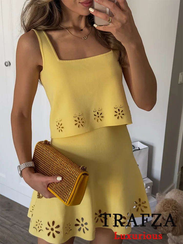 

TRAFZA High Street Chic Women Suit Embroidery Cami Strap Backless Short Top Straight Mini Skirt Fashion 2025 Summer Sets