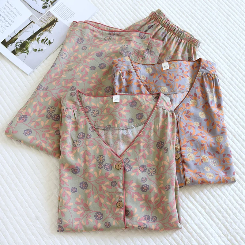 Summer Thin V-Neck 2Pieces Pyjamas Set Women Viscose Sleepwear Floral Print Short Sleeve Ladies Lounge Wear Home Suit