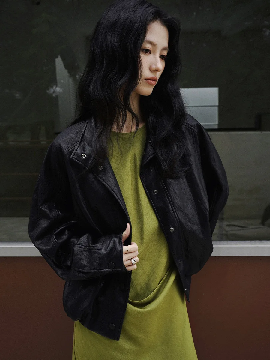 Black High-end Leather Jackets Women PU Leather Coat Bomber Jacket Stand Collar Single-breasted Autumn Street Lady Outerwear New