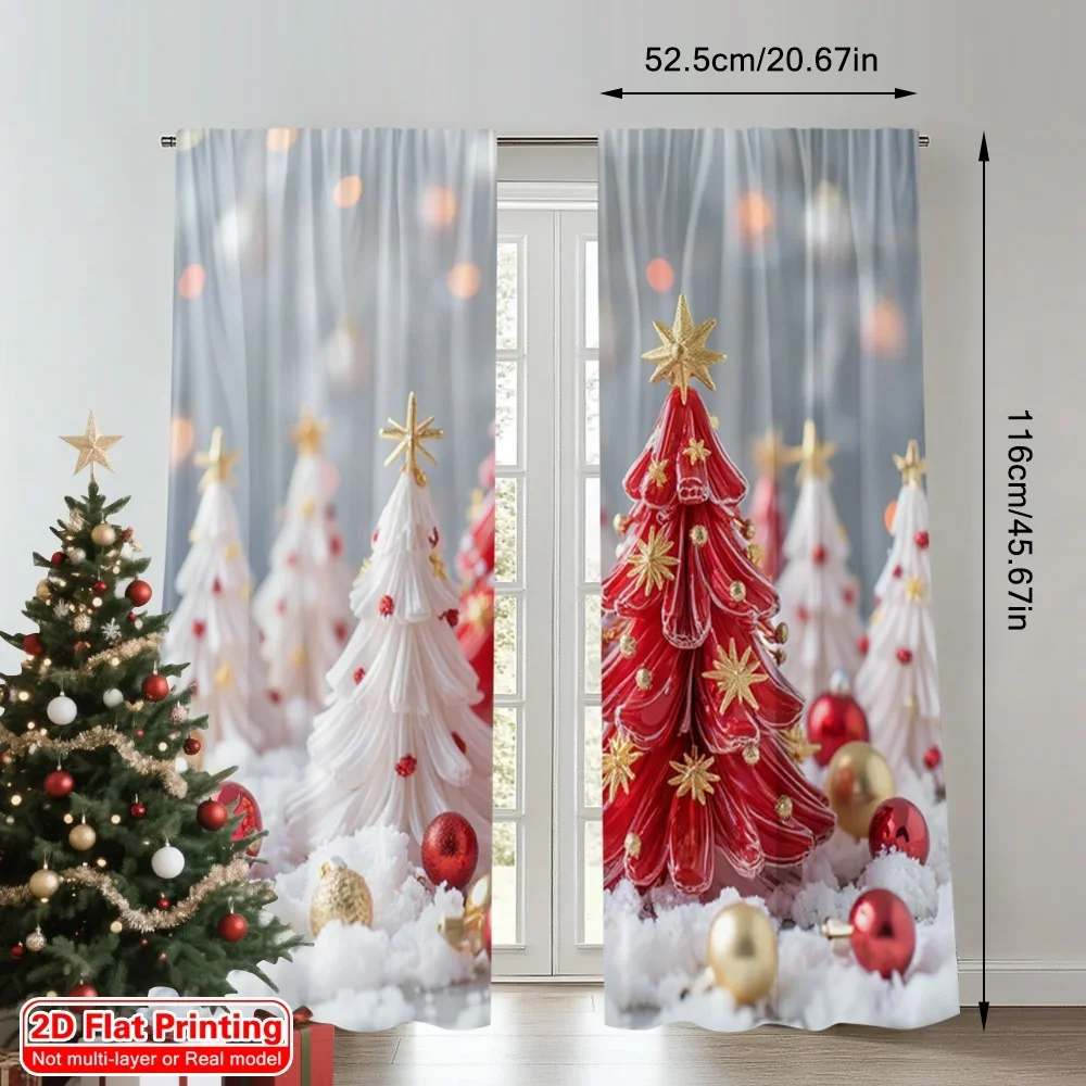 2pcs 2D flat printing Merry Christmas Party Curtains Red White Christmas Trees Polyester Without Electricity Party & Holiday