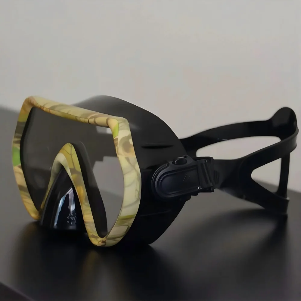 Adult  Free Diving Mask Single Lens with Tempered Glass Lenses,HD Wide View, Antifog Spray,Black,Camouflage