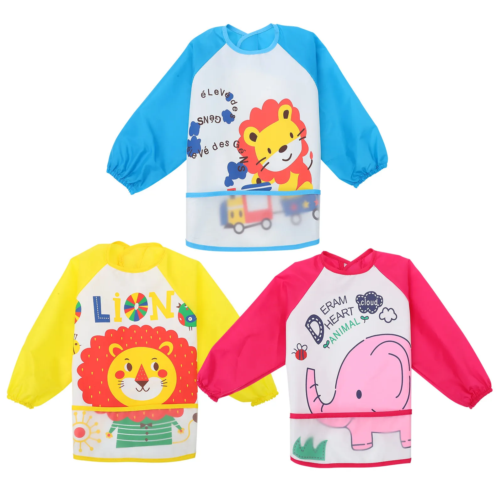

3pcs Polyester Art Smock Kids Painting Aprons Long Sleeve Baby Eatting Painting Aprons Baby Apron Cartoon Reusable