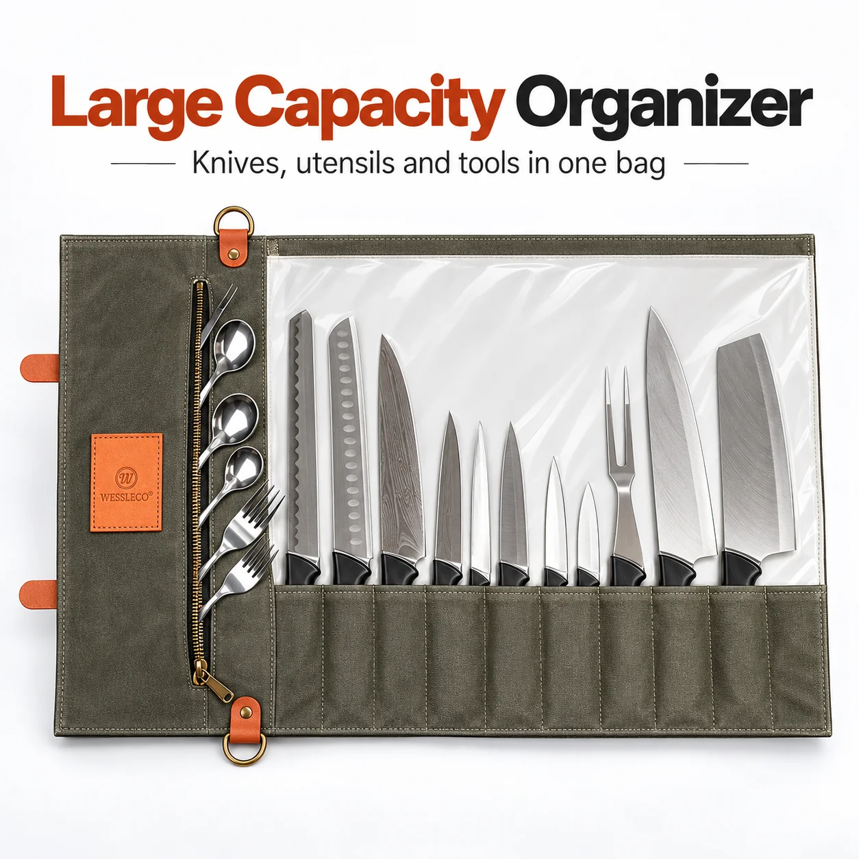WESSLECO Multifunctional Roll Chef Knife Bag Portable Durable Kitchen Cooking Storage Pockets