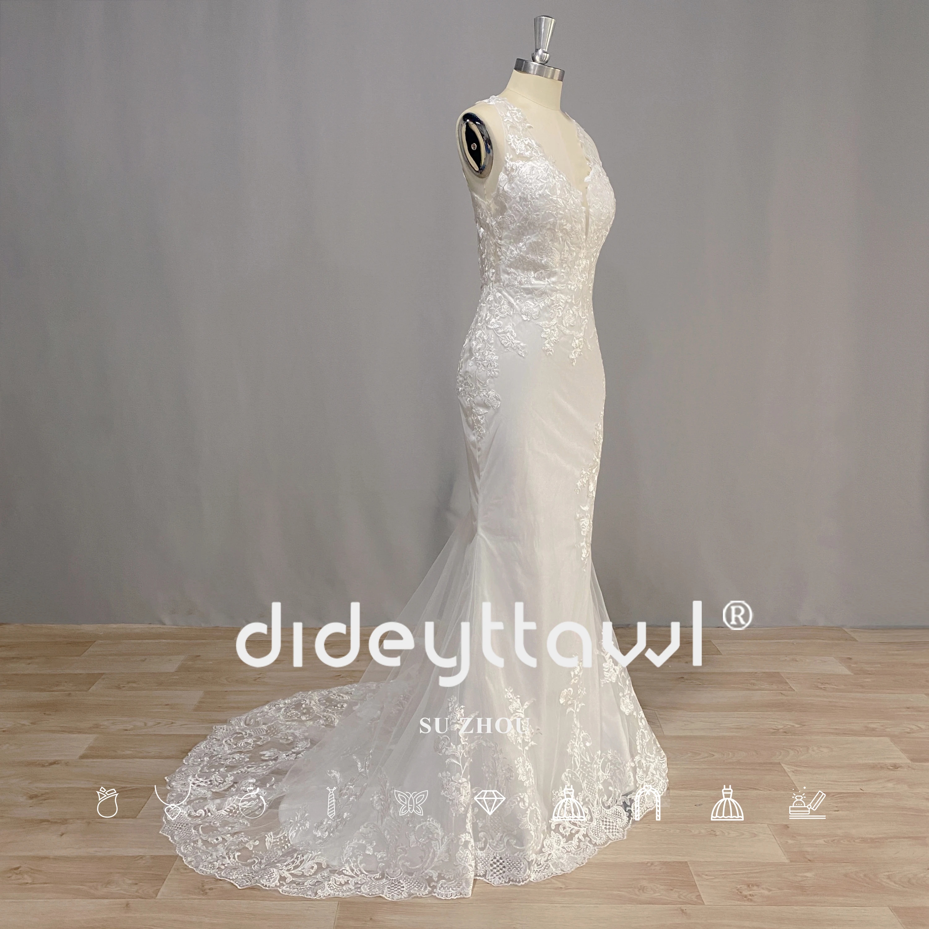 Dideyttawl-vestido de novia de sirena con tirantes finos, traje de novia con cuello de pico, espalda abierta, Apliques de encaje, sujetador bulti-in, 2023