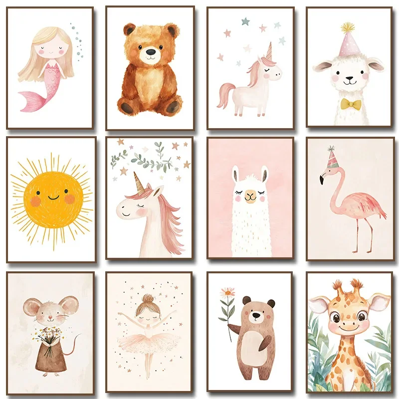 Pink Ballerina with Stars Unicorn Cute Mermaid Baby Llama Bear Deer Illustration Canvas Painting Print Poster for Nursery Dec
