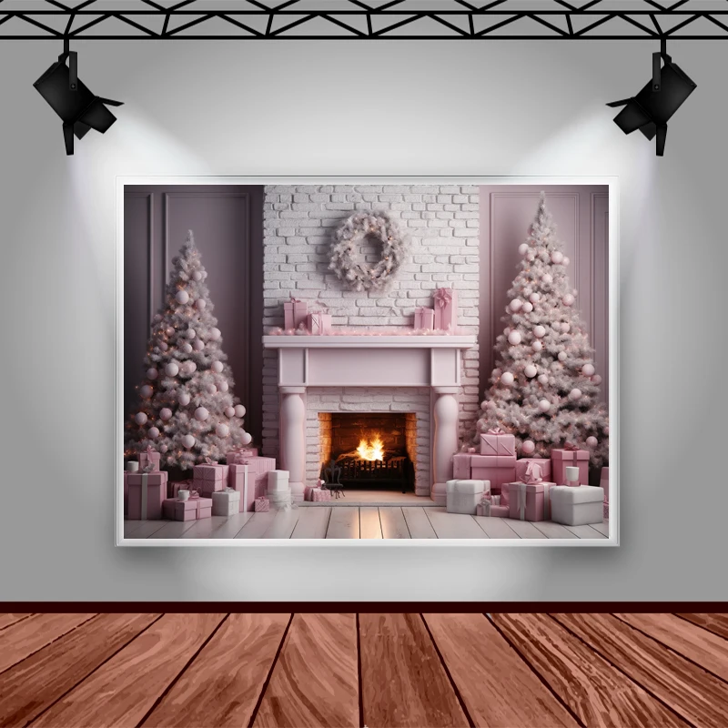 Arrière-plan de photographie de cheminée de Noël rose d'intérieur, toile de fond de portrait de famille pour enfants et adultes, arbre de Noël, boîte-cadeau, accessoires de décoration de couronne
