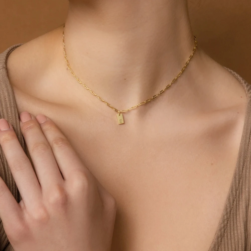 SUNIBI Fashion Unisex Women\'s Necklace Stainless Steel Gold Color 26 Initial Square Pendant Necklace for Women Jewelry Wholesale