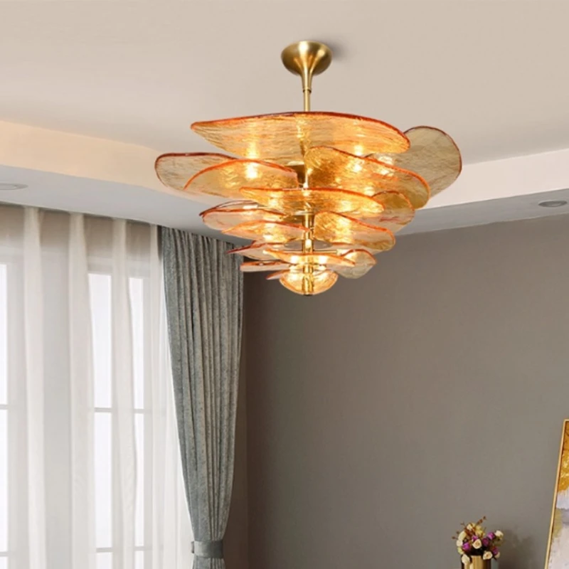 

Листья лотоса, муранская люстра, потолочная многоцветная цветочная стеклянная подвесная лампа для гостиной, спальни, вестибюля отеля, художественный подвесной светильник