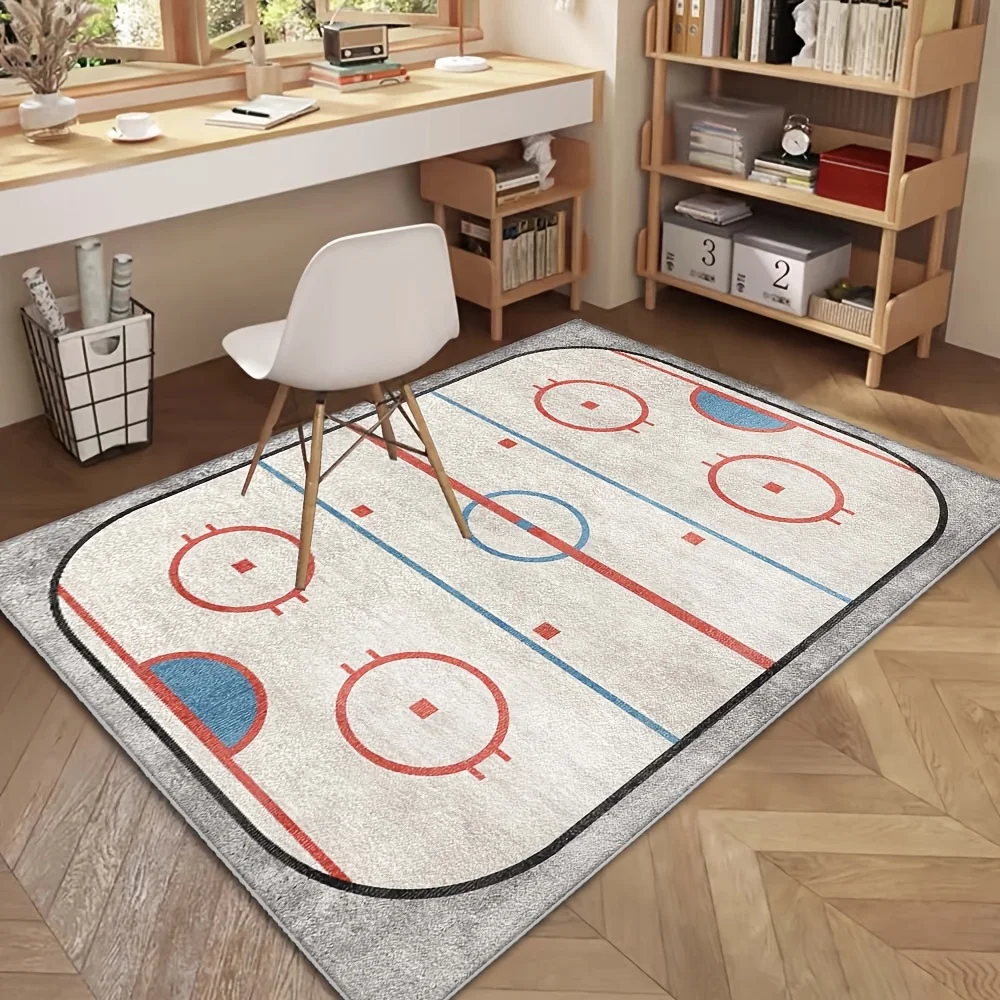 Ice Hockey Rink Sport Area Rug Non Slip Waterproof Kids Play Mat Sports Theme Bedroom Living Room Game Room Decor Floor Rug