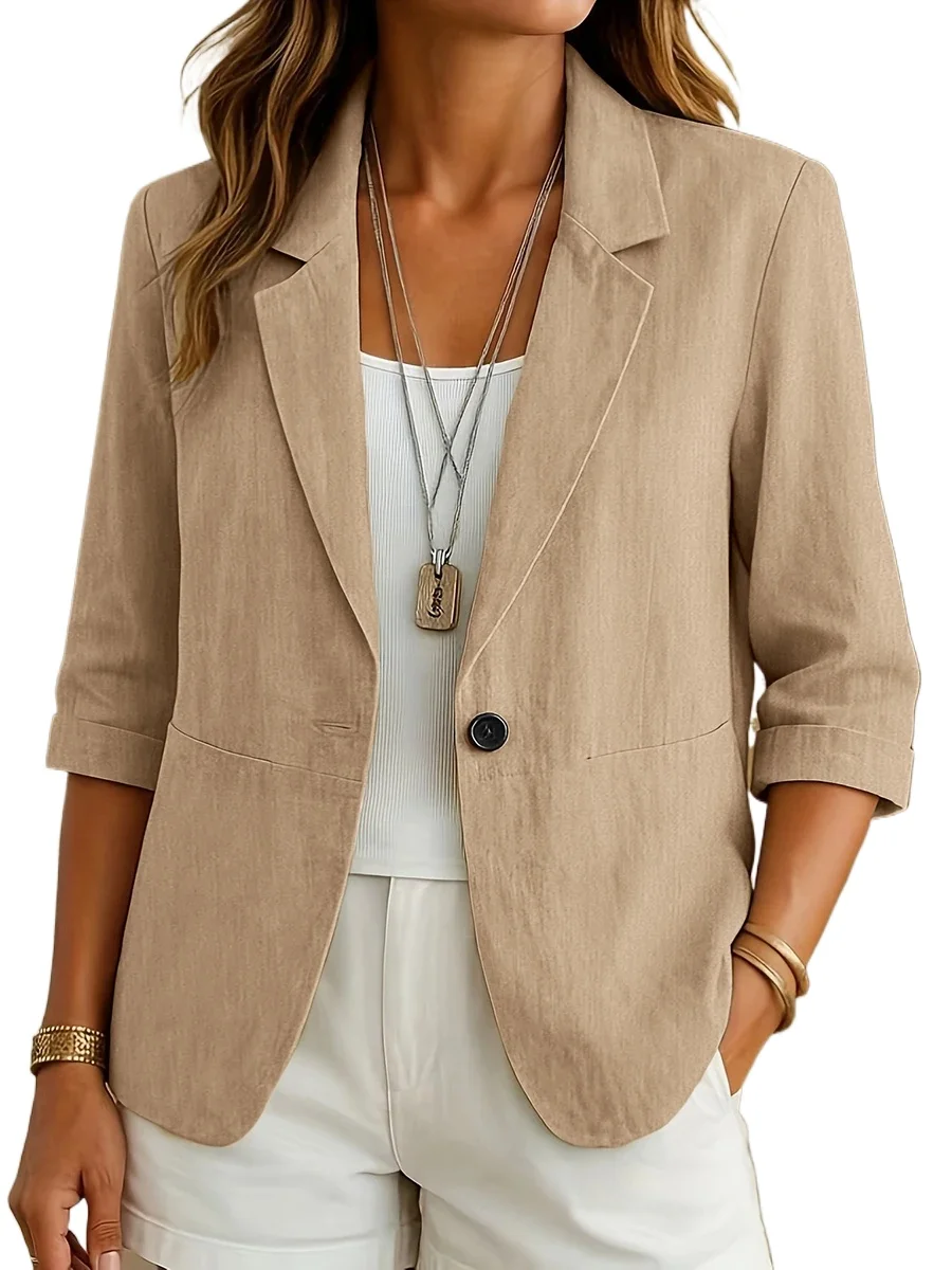 Elegant Casual Women Blazer Jacket Solid Color Single Button Office Lady Suit Coat Spring Autumn Long Sleeve Fashion Outerwear