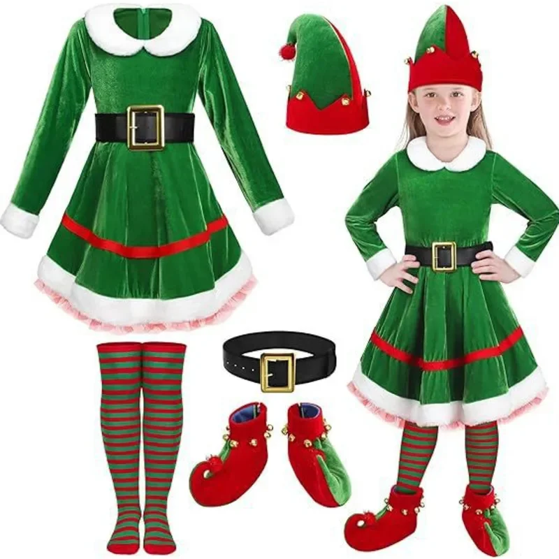 Disfraz de Papá Noel de Navidad 2025, vestido de Cosplay de elfo verde para mujeres/hombres, sombrero con cinturón para niños y adultos, traje con orejas de elfo, trajes de fiesta de Navidad de Año Nuevo