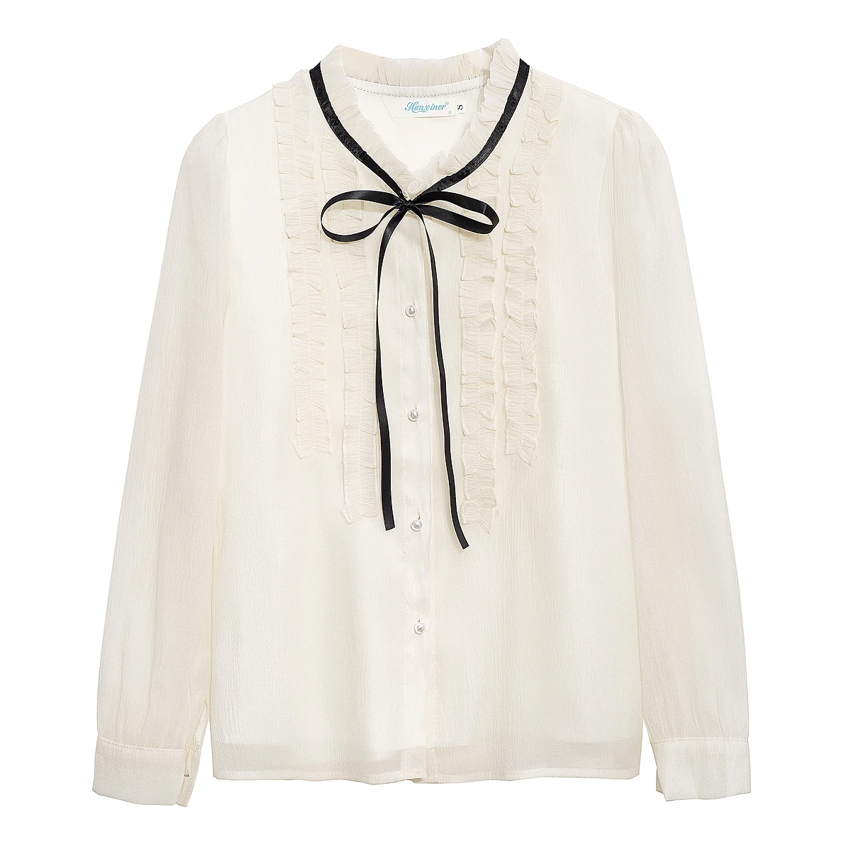 بلوزة قميص نسائية جديدة بأكمام طويلة وياقة مكشكشة وأربطة قميص شيفون بلوزة نسائية بلوزات قمصان Blusas Para Mujer Q559