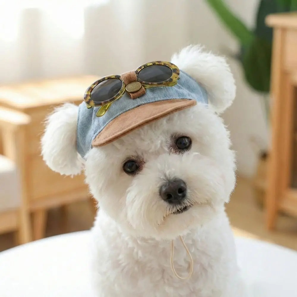Korean Style Dog Sun Hat with Sunglasses Denim Cap with Ear Holes Dog Sports Hat Adjustable Dog Visor Hats Photo Props - view 4
