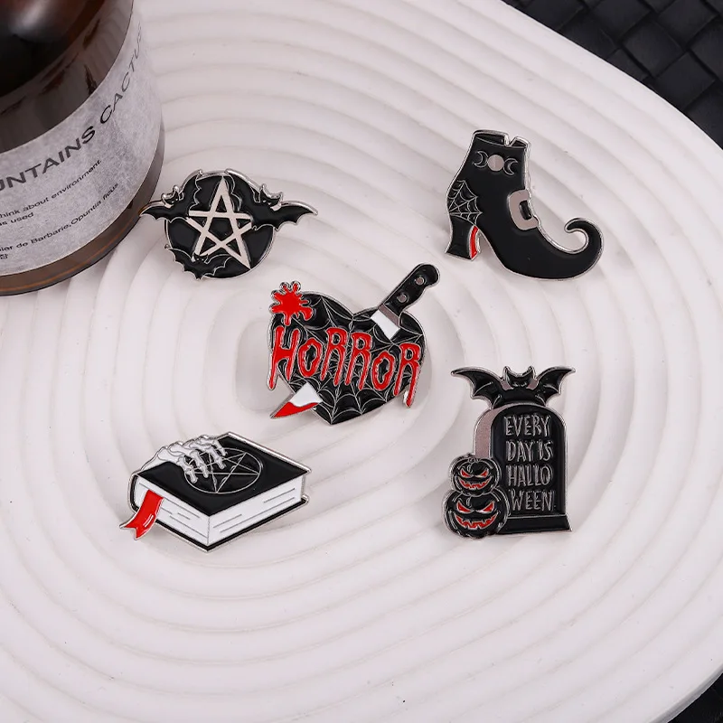 Punk Tombstone Enamel Pins Bat Magic Circle Book Halloween Brooches Backpack Hat Accessories Badges Gift For Friend Wholesale