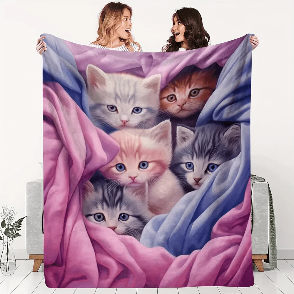 Multiple Kittens Wrapped in Blanket Cozy Cuddle Scene Soft Cozy Throw Blanket for Sofa Bed Sweet Moment