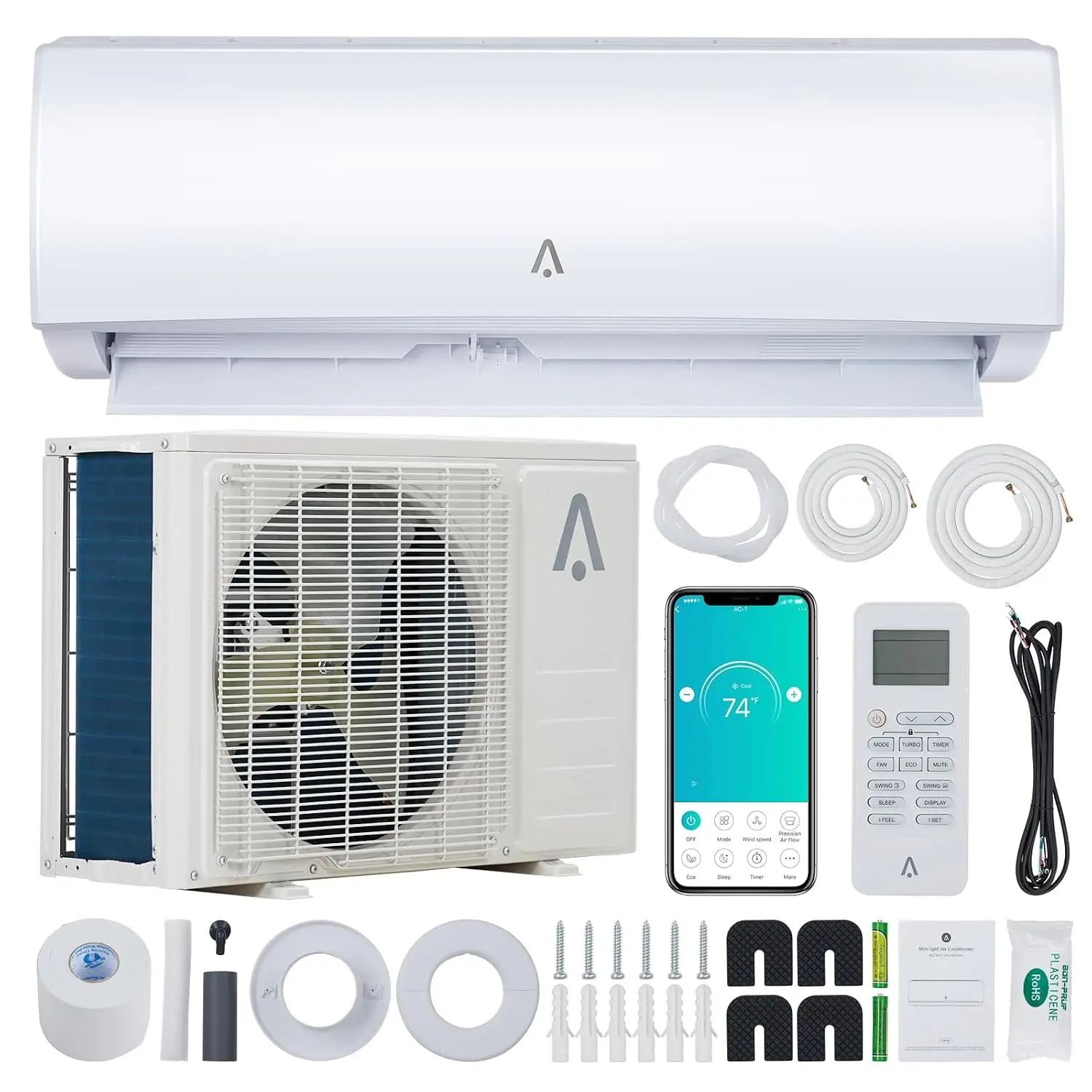 12,000 BTU Mini Split AC, 19 SEER2 Wall Mounted AC with Heat Pump & Installation Kits, Ductless Inverter, Customized