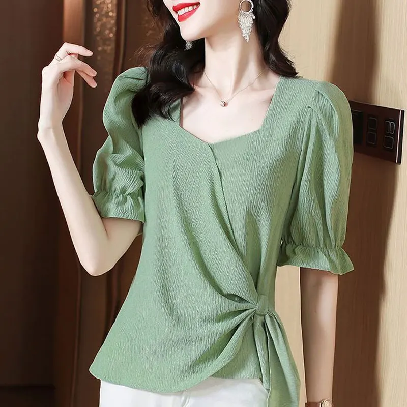 Korean Puff Sleeve Blouse Summer Solid Color Waist Stylish Folds Spliced 2023 Female Clothing Commute Loose Asymmetrical Shirt