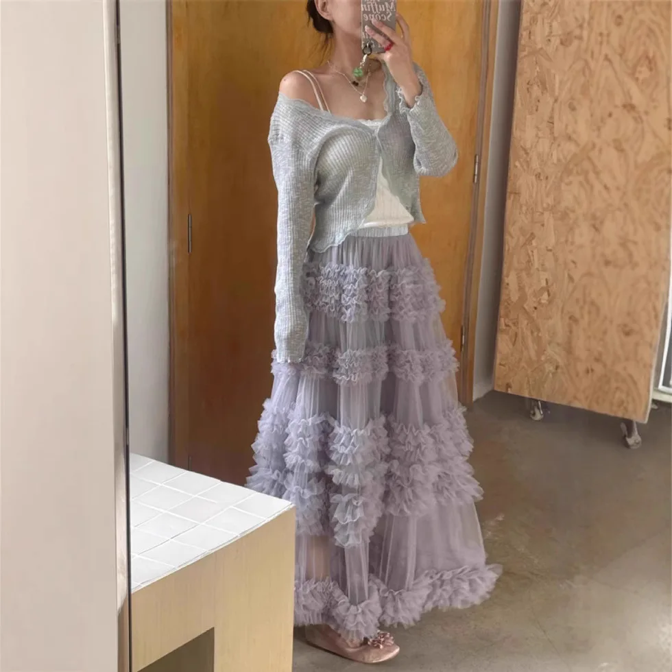 2025 Nieuwe Niche Fee Sfeer Lange Koreaanse Stijl Mesh Patchwork Gelaagde Taart Halve Rok voor Vrouwen Stapelen Damesmode