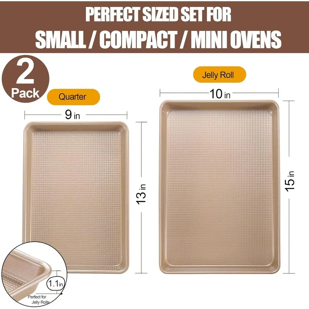 2 Pack Heavy Duty Nonstick Cookie Sheets, 0.8mm Thick, Quarter and Jelly Roll Sizes, Diamond Texture, Gold Commercial Grade, Sui