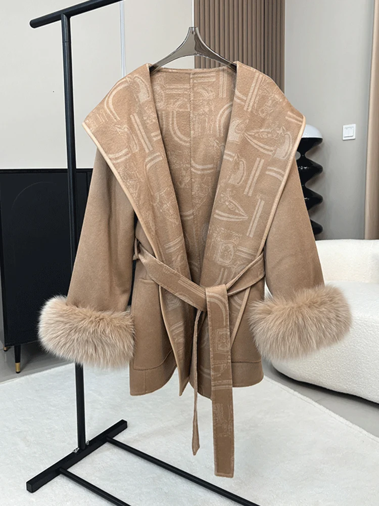 Fashion New Winter Woolen Jacket Women Natural Real Fox Fur Cuffs Thick Warm Wool Cardigan Coat Luxury Streetwear Outwear