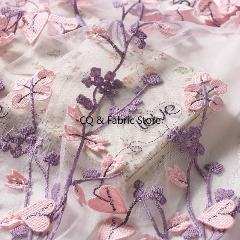 

High quality Mesh pink love letter pattern embroidery thin lace fabric soft yarn cheongsam dress fabric 100*125cm