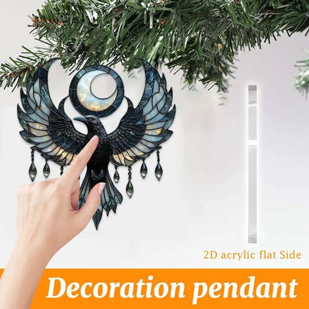 Stained Acrylic Suncatcher - Crescent Moon with Raven Design, Handmade Window Hanging Decor for Home, Garden, Light Catcher