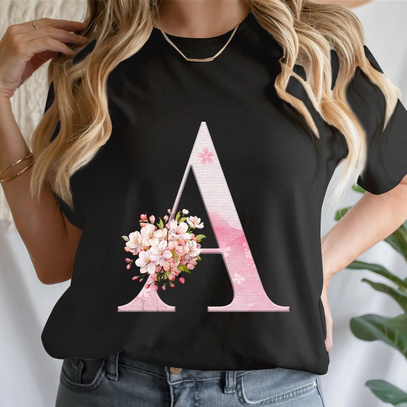 Y2K Cherry Blossom Letter A-Z T-shirts Women Pink Floral Aesthetic Alphabet Tees Short Sleeve Boho Chic Tops Mama Gifts Tshirts