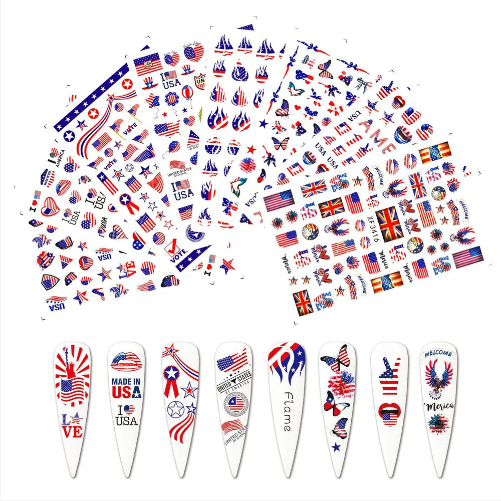 8 قطعة/المجموعة يوم الاستقلال مسمار الفن ملصقات ثلاثية الأبعاد نجوم الحب الشفاه لهب الولايات المتحدة الأمريكية العلم مسمار الشارات DIY بها بنفسك الوطنية الأمريكية مسمار ديكور