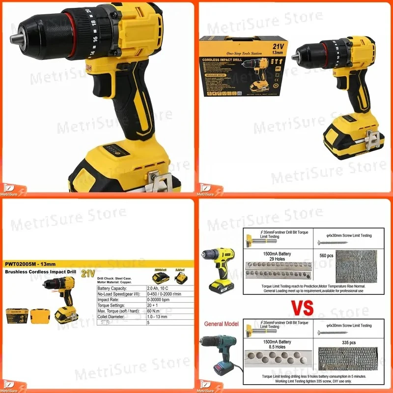 21V Brushless Cordless Drill 13mm Keyless Chuck Drill Driver with 2.0Ah Lithium Ion Battery for Home DIY
