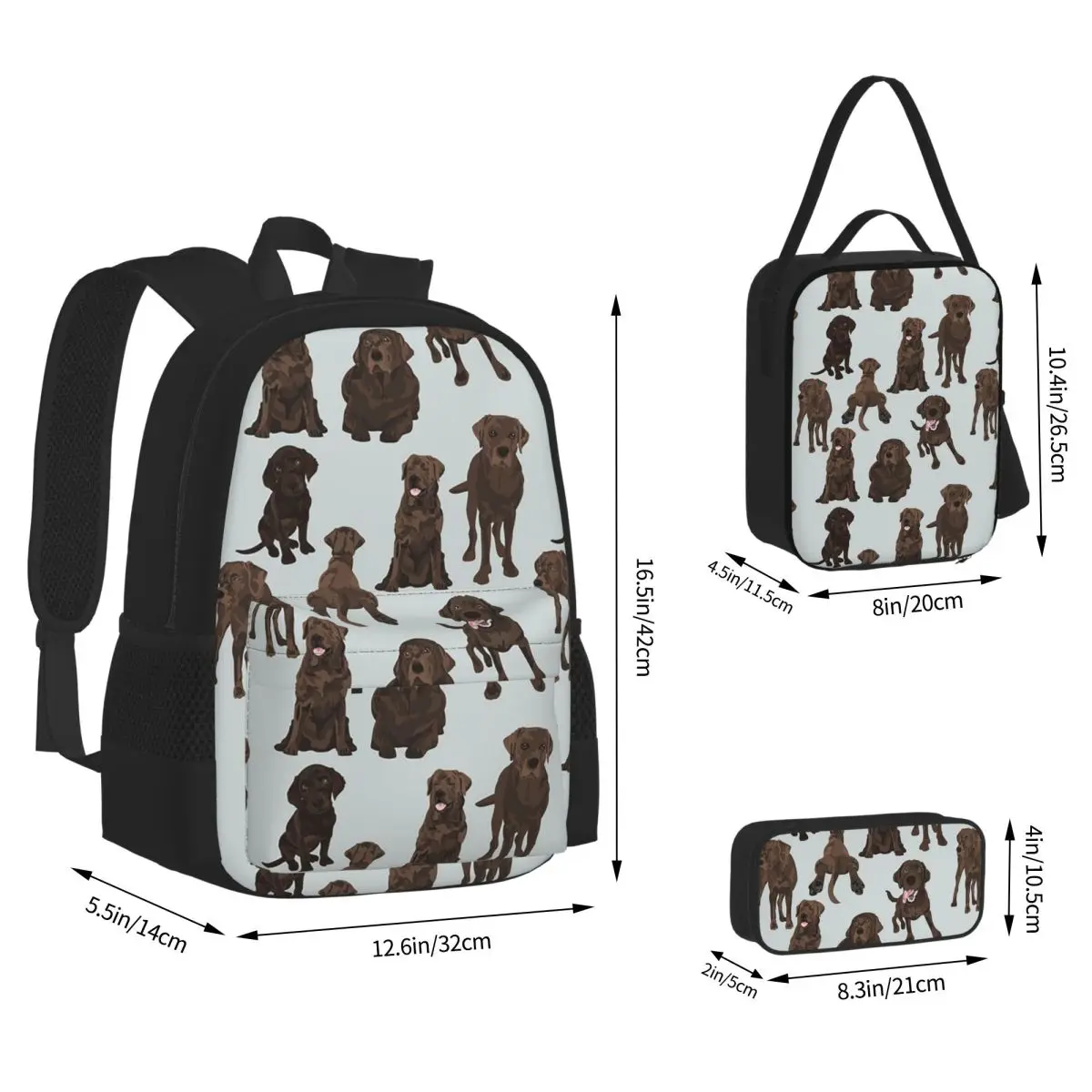 Chocolate Labrador Backpacks Students Bookbag School Bags Rucksack Lunch Bag Pen Bag Three-Piece Set