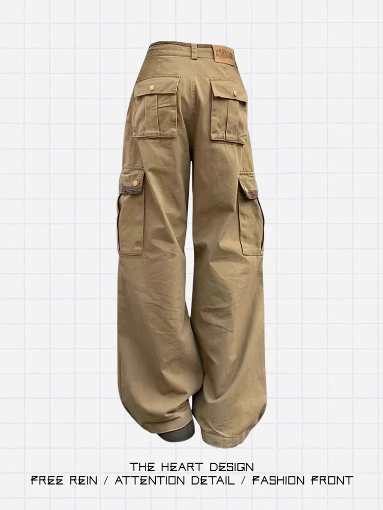 

Ретро джинсовые брюки-карго цвета хаки для женщин, новинка весны, в американском уличном стиле, широкие, свободные, прямые, длинные