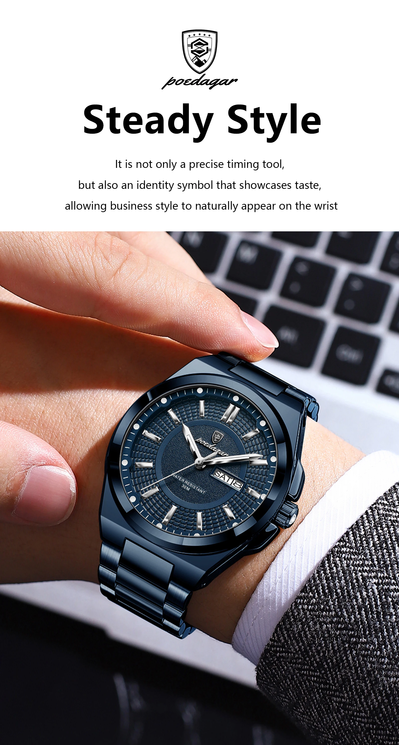 POEDAGAR Top Business Herren Armbanduhr Edelstahl Wasserdicht Leuchtend Casual Mann Uhr Datum Woche Stilvolle Herren Quarzuhren – Detail 17