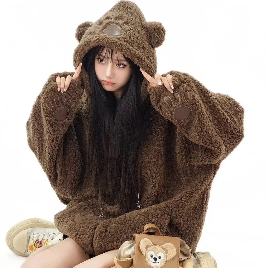 

Women's Cute Funny Bear Lamb Fur Couple Rabbit Ears Cotton-Padded Winter Coat Thickened Loose Jumper
