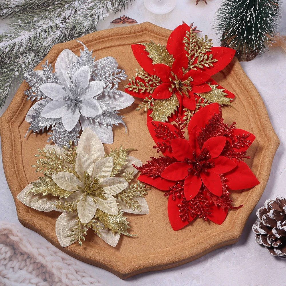 4/8 Stück Rot Gold Silber Weihnachtsblumen-Ornamente Glitzernde Kunstblumen für Weihnachtsbaum, Weihnachten, Neujahrsparty-Dekoration – Detail 4