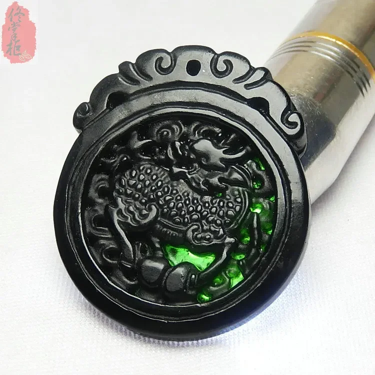 

Chinese Black Green jade Kirin Jade Pendant Natural Obsidian Necklace Charm Jewellery Fashion luck Amulet Gifts Men Free rope